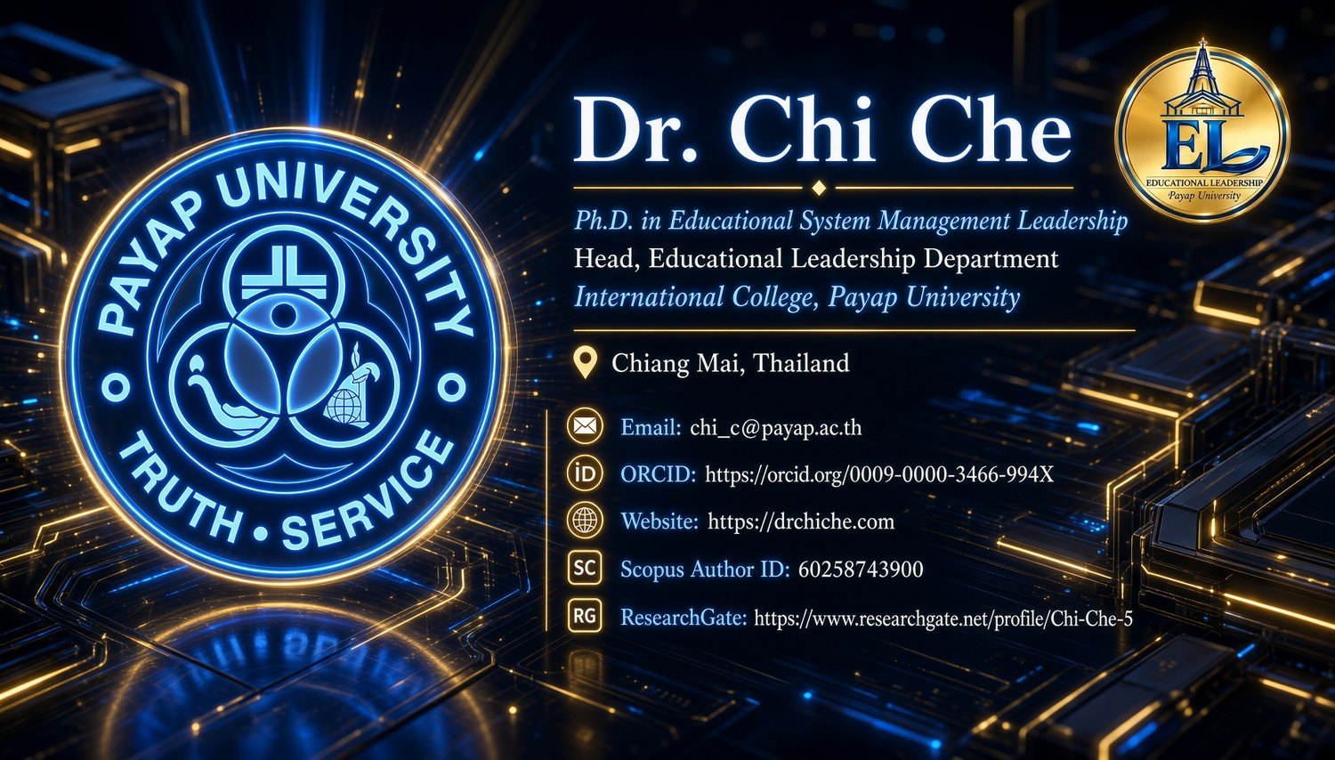 Business card for Dr. Chi Che, Head of the Educational Leadership Department, International College, Payap University, Chiang Mai